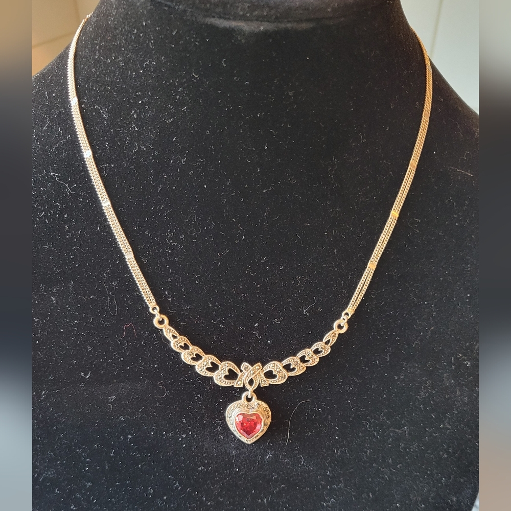 Elegant 925 Sterling Silver And Marcasite Necklace with Red Heart Pendant
